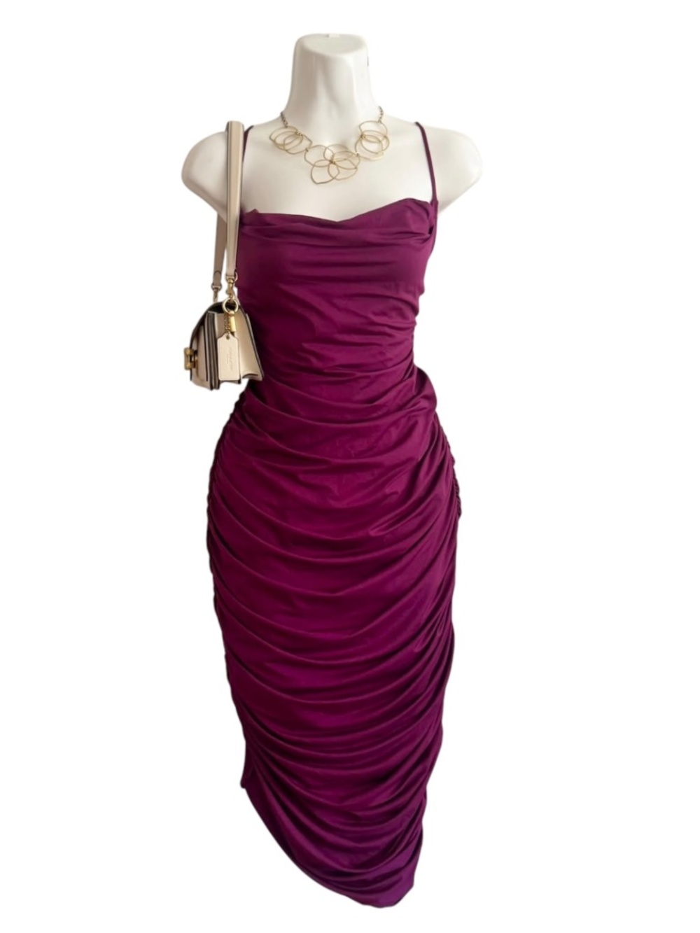 Oh Polly Burgundy Ruched Bodycon Midi Dress Size 12